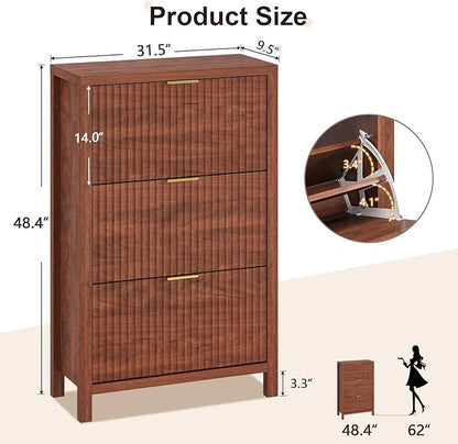 YOMILUVE Shoe Cabinet Storage for Entryway, Fluted Shoe Cabinet with 3 Flip Drawers, Hidden Shoe Rack Tall Freestanding Shoe Organizer with Legs for Hallway, Walnut