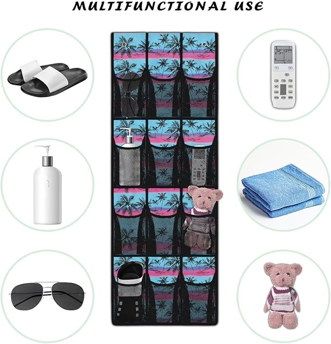 Over the Door Shoe Organizer 12 Large Pockets Hanging Shoe Organizer for Closet Sturdy Oxford Fabric Shoe Hanger Tropical Coconut Palm