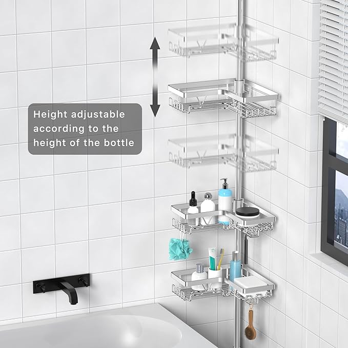 KEGII Corner Shower Caddy Tension Pole, Adjustable Shower Tension Rod Organizer, Floor to Ceiling Shower Caddy 25-114.2 inch, Silver