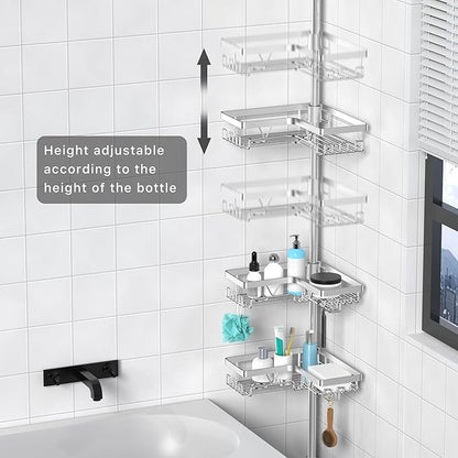 KEGII Corner Shower Caddy Tension Pole, Adjustable Shower Tension Rod Organizer, Floor to Ceiling Shower Caddy 25-114.2 inch, Silver