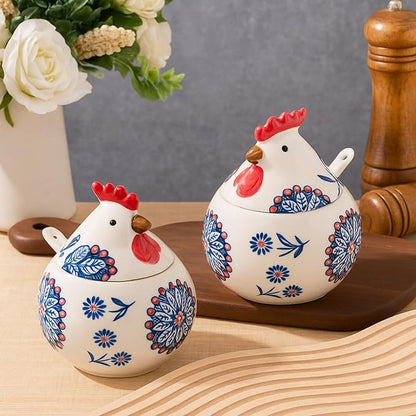LemonRoad 2 Pcs Ceramic Salt Cellar with Lid and Spoon, 13oz Large Chicken Rooster Cookie Jar Salt Containers Holder for Countertop Spices, Ideal for Adding Charm to Kitchen Christmas Decor(Blue)