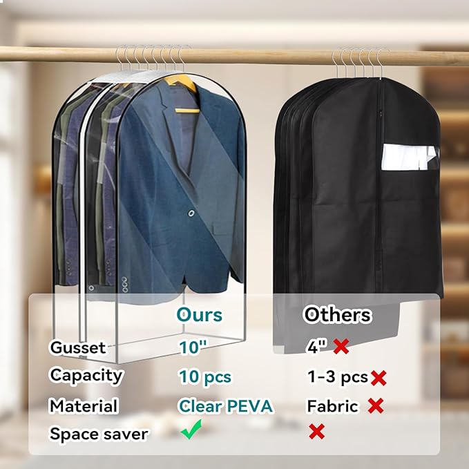 10” Gusseted Clear Garment Bags, 40” Hanging Suit Bags for Closet Storage - Protect Clothes, Suits, Coats, Dresses - 3 Pack (43 inch)