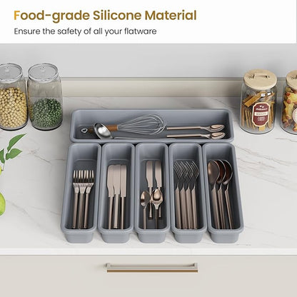 6 Pack Silicone Drawer Organizer for Kitchen, DIY Free Combination Silverware Organizer, Utensil Drawer Organizer, Moisture-proof and Heat-resistant up to 200°C, Anti-slip Design (Grey)