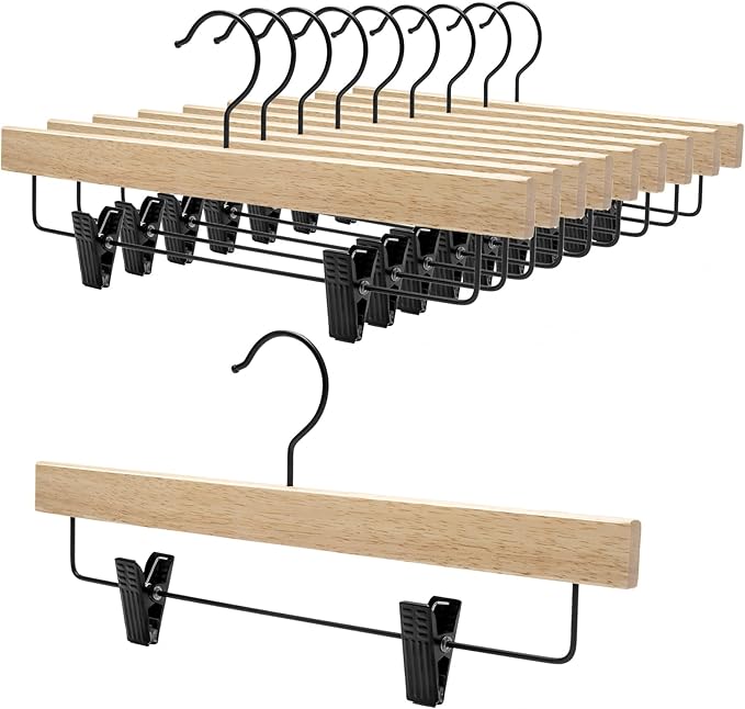 Nature Smile Deluxe Wooden Pants Hangers,Solid Rubber Wood Jeans Skirt Hanger with Blacak Hook Pack of 20(Natural Varnished)