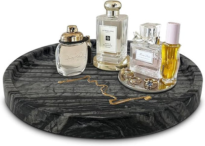 Travertine Tray, Small Ceramic Vanity Tray for Bathroom Counter Decor, Round Marble Decorative Trays for Coffee Table (Grey Black, Large Size)