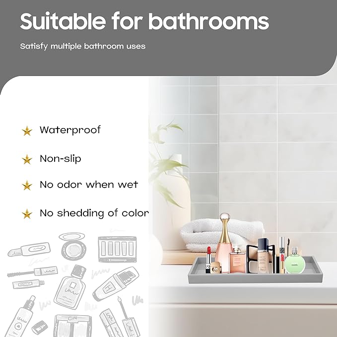 Vanity and Bathroom Tray, 15" ABS Countertop Organizer,Waterproof Vanity Tray for Toilet Tank,Perfume,Soap,Keys,Bathroom Accessories,Kitchen and Bath Trays,Non Slip Small Trays,Gray