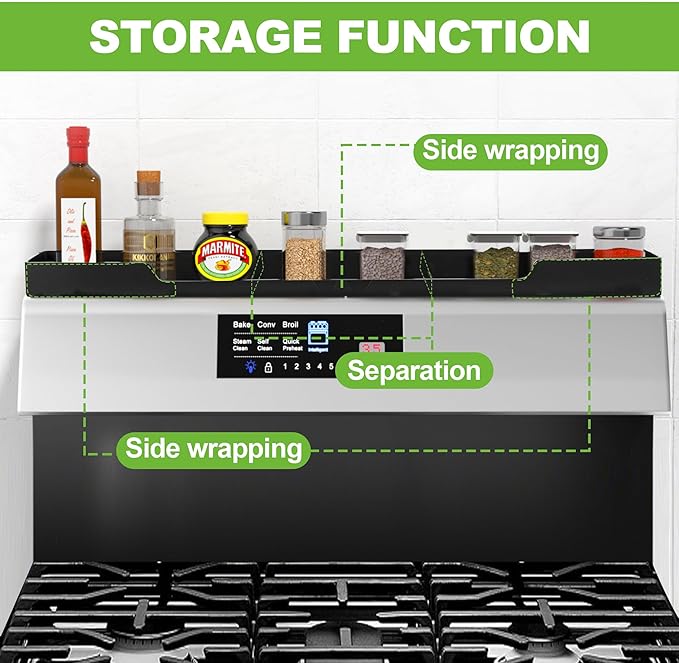 30 Inch Magnetic Stove Top Shelf | 3-Zone Kitchen Organizer with Anti-Slip & Anti-Fall Design | Heat Resistant (-40°F to 446°F) Food-Grade Silicone Spice Rack for Flat-Top Stoves, Black