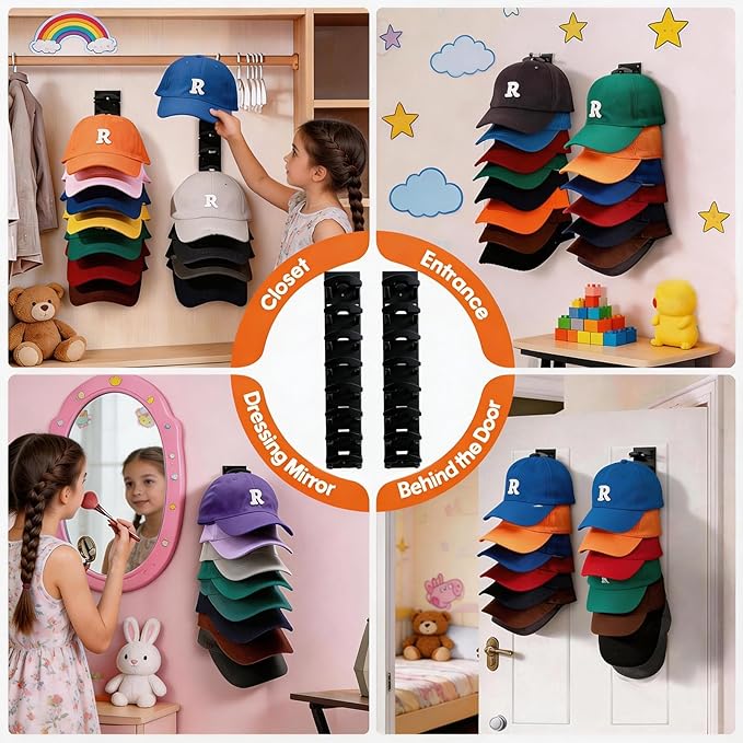 FAYYGYH Hat Organizer for Baseball Caps, 2 Pack Strong Adhesive Hat Rack for Wall, Multilayer Hat Storage Display Holder, Wall Mounted Hat Hooks Hold up to 16 Hats for Closet Door and Bedroom (White)