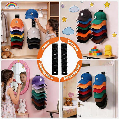 FAYYGYH Hat Organizer for Baseball Caps, 2 Pack Strong Adhesive Hat Rack for Wall, Multilayer Hat Storage Display Holder, Wall Mounted Hat Hooks Hold up to 16 Hats for Closet Door and Bedroom (Black)