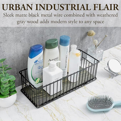 MyGift Modern Bathroom Storage Basket, Black Metal Wire Toilet Paper Holder with Vintage Gray Solid Wood Base, Toilet Tank Organizer Tray with Handles