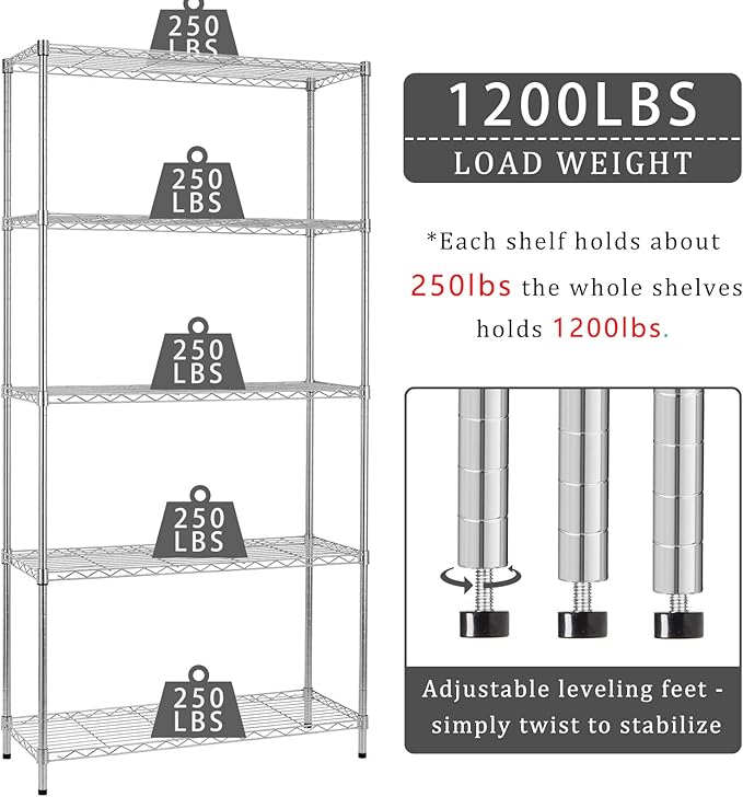 5-Tier Storage Shelves Adjustable Metal Shelf 1200Lbs Capacity NSF Wire Rack Shelving with Adjustable Feet Shelf Unit for Kitchen Garage Basement, 72" H x 36" W x 14" D, Chrome