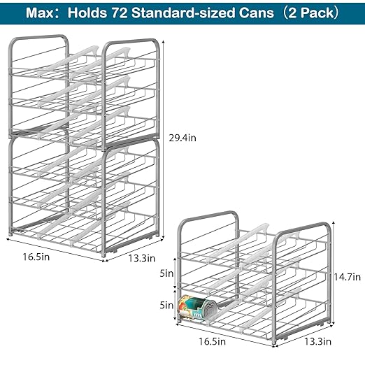 Stackable Can Organizer for Pantry Organizers and Storage 2 Pack Adjustable Can Holders for Pantry Holds Up to 72 Cans with Metal Rack Dispenser for Kitchen Canned Foods and Drinks, 3 Tier, Silver