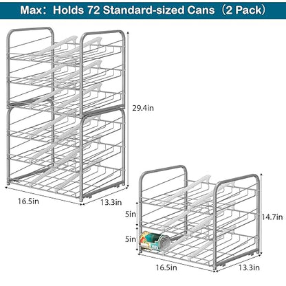 Stackable Can Organizer for Pantry Organizers and Storage 2 Pack Adjustable Can Holders for Pantry Holds Up to 72 Cans with Metal Rack Dispenser for Kitchen Canned Foods and Drinks, 3 Tier, Silver