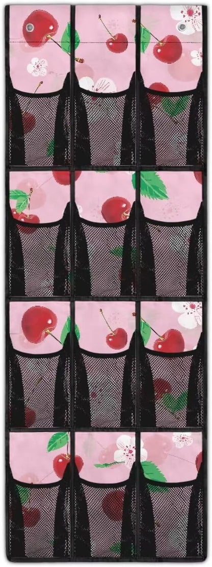 Over The Door Storage Bag with 12-Pockets, Oxford Material Waterproof Lightweight and Perfect for Organizing Bathroom Bedroom or Kitchen Essentials, Cherry Pattern