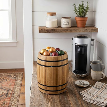 MyGift Wine Barrel Design Kitchen Utensil Crock, Light Brown Solid Bamboo Wood Cooking Tool Holder