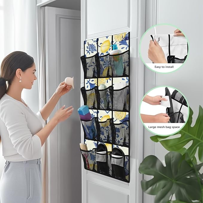 Lemon Over Door Shoe Organizer Easy to Install Behind the Door Storage 4 Shelf 12 Mesh Pockets Hanging Rack for Shoes and Accessories Multi-purpose Door Hanger Organizer