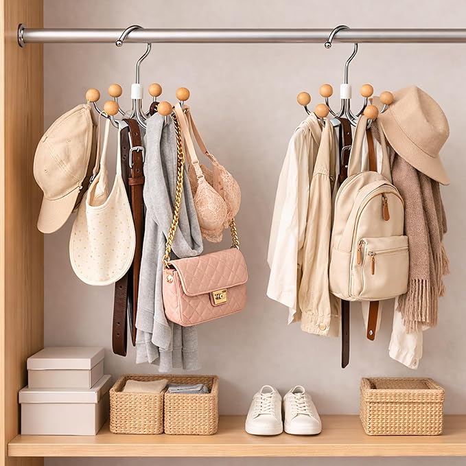 6-Pack 360° Swivel Hoodie & Purse Organizer with Cedar Balls, Multi-Purpose Closet Storage Hanger for Hoodies, Bags, Scarves, Hats, Space Saving, Anti-Slip, Ideal for Dorm, Apartment & Travel