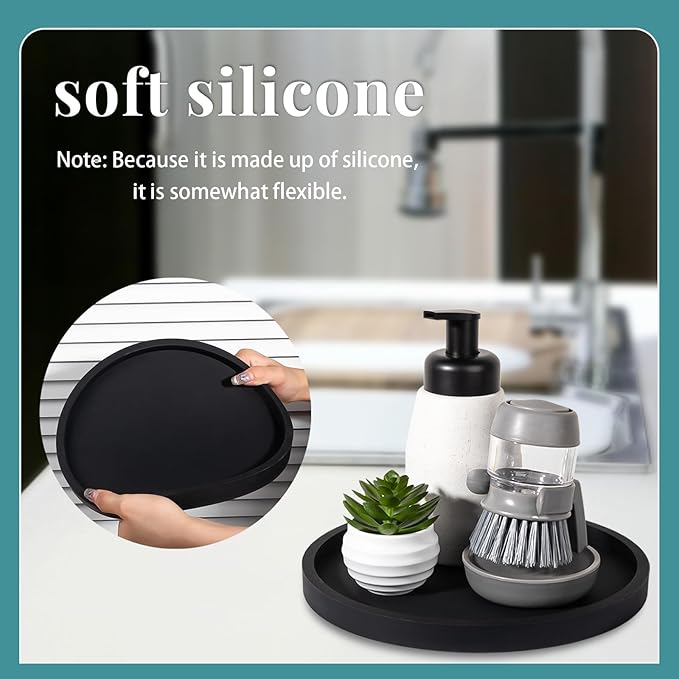 Silicone Bathroom Tray Round Vanity Tray Decorative Soap Holder Kitchen Countertop Organizer Coffee Table Decor for Candle, Perfume, Plant, 12 Inch, Black