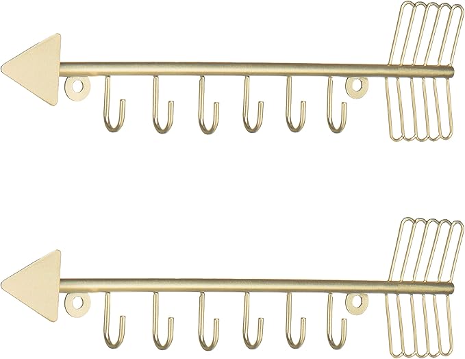 MyGift Brass-Tone Metal Wall Mounted Arrow Design Necklace Organizer Rack with 6 Hooks, Set of 2
