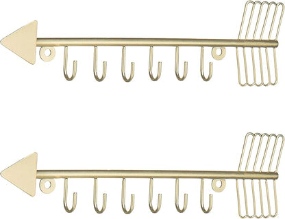 MyGift Brass-Tone Metal Wall Mounted Arrow Design Necklace Organizer Rack with 6 Hooks, Set of 2