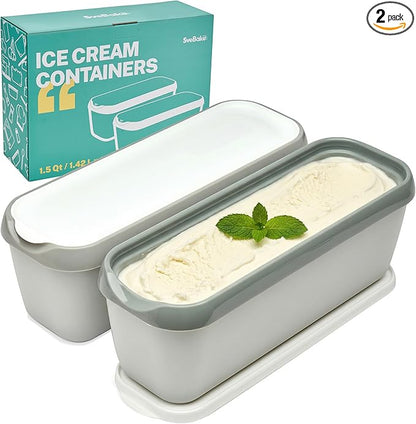 Ice Cream Storage Containers with Lids 2 PACK - 1.5 Quarts Homemade Ice Cream Tubs, Freezer Containers, Light Grey