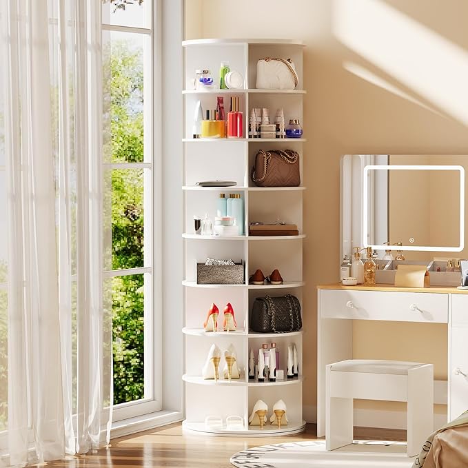 8 Tier Rotating Shoe Rack, Shoe Tower Organizer, Spinning Lazy Susan Display Storage Rack Round Carousel Vertical Handbag Closet (White, 23.6’’×23.6’’×72’’)