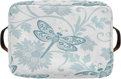 Foldable Storage Baskets Set of 2, Parsley Dragonfly Storage Bins with Handles, Decorative Cloth Organizer Storage Boxes for Home|Office 15 x 11 x 9.5 in