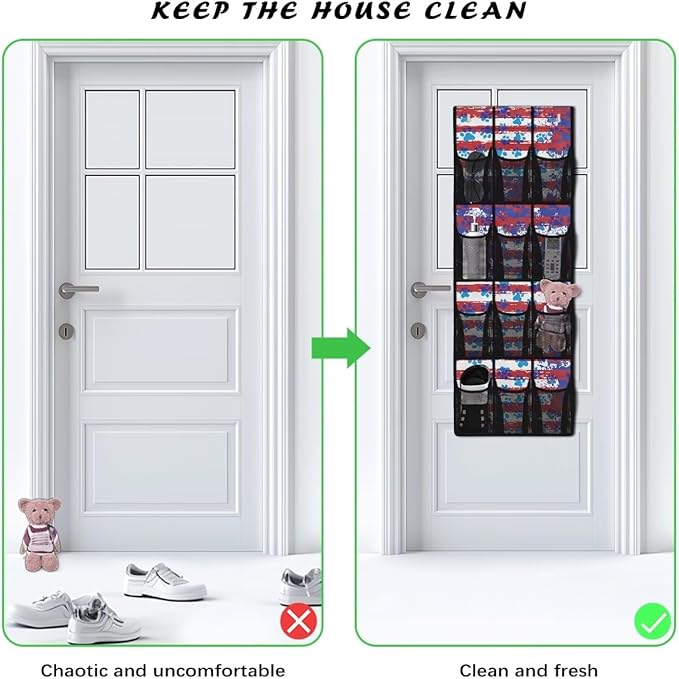 Striped Dog Paws Over the Door Shoe Organizer,Hanging Storage Bags with 12 Mesh Large Pockets,Hanging Shoe Storage Hanging Bag