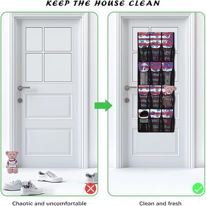 Striped Dog Paws Over the Door Shoe Organizer,Hanging Storage Bags with 12 Mesh Large Pockets,Hanging Shoe Storage Hanging Bag