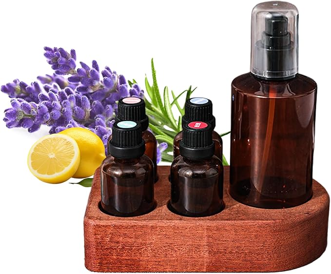 Wooden Essential Oil Holder with 5 Holes (4cmx4 & 6cmx1), Retro Desktop Display Rack for Bathroom Vanity Desk Organizer