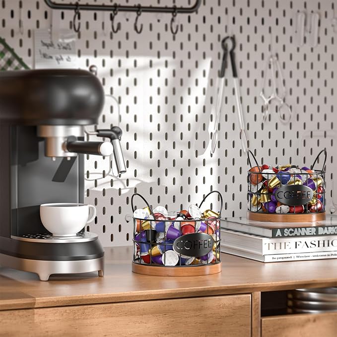 Coffee Pod Holder, Rustic K Cup Holder Organizer for Counter, Coffee Pods Storage Organizer for Coffee Bar Accessories Decor(Black-02)