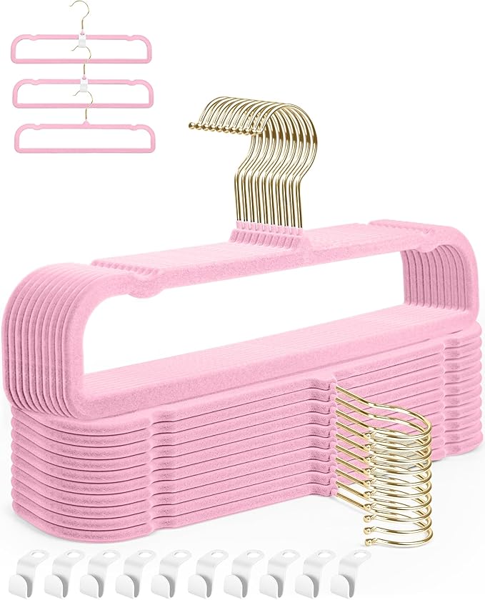 HGYZE Velvet Pants Hangers 20 Pack, 360° Swivel Gold Hook, Non Slip Felt Hanger for Spaghetti Strap Dresses Slack Jean, Blush Pink and Gold Felt Hangers, Cute Flocked Trouser for Adult Teen