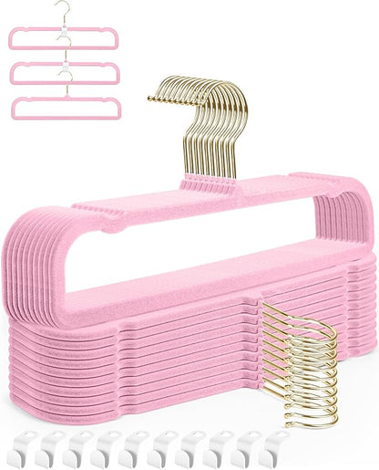 HGYZE Velvet Pants Hangers 20 Pack, 360° Swivel Gold Hook, Non Slip Felt Hanger for Spaghetti Strap Dresses Slack Jean, Blush Pink and Gold Felt Hangers, Cute Flocked Trouser for Adult Teen