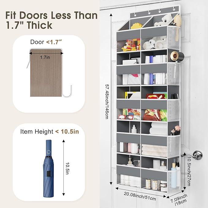 5 Tiers Over The Door Organizer Storage, 88lbs Weight Capacity Behind the Door Storage of 10 Compartments & 10 Mesh Pockets, Hanging Doors Storage Organizer for Shoes, Clothes,Pantry