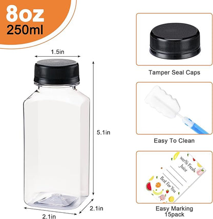 Juice Bottles with Caps15Pcs 8oz, Plastic Bottles with Caps, Clear Reusable Water Bottle, Juice Containers - with 15Pcs Labels & Bottle Brush