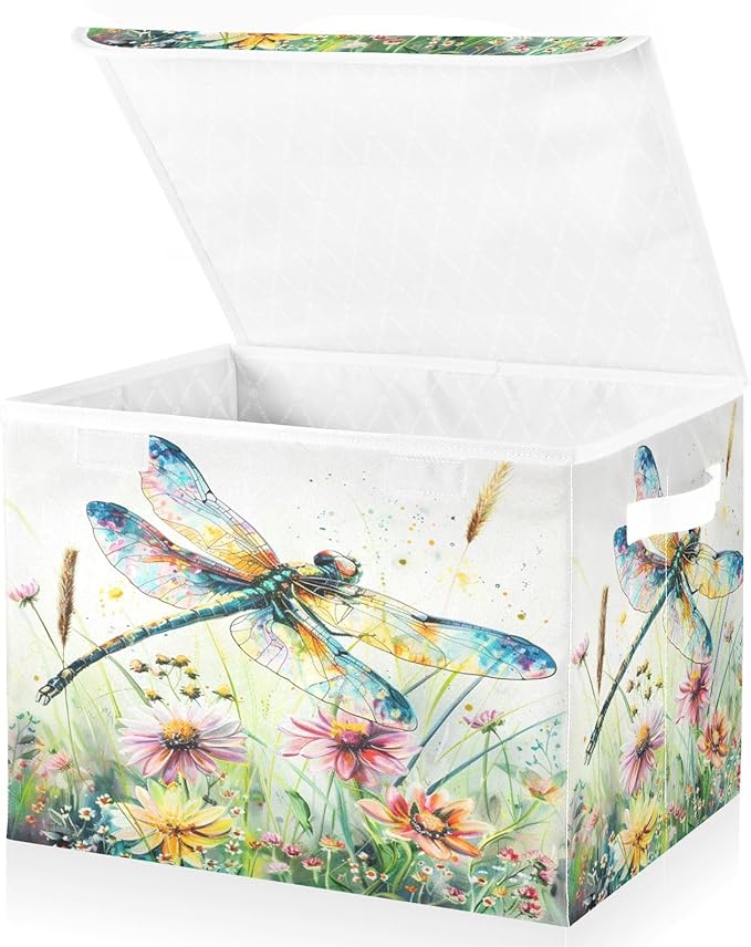 senya Baskets Collapsible Storage Bins with Lids, Dragonfly Wildflowers Painting Storage Boxes Clothes Baskets for Organizing