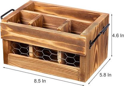 Rustic Weathered Brown Wood Utensil & Napkin Holder Black Metal Handles Chicken Wire Front Panel Kitchenware and Tableware Organizer Wooden Cutlery Storage Caddy Kitchen Dining Room Fork Spoon