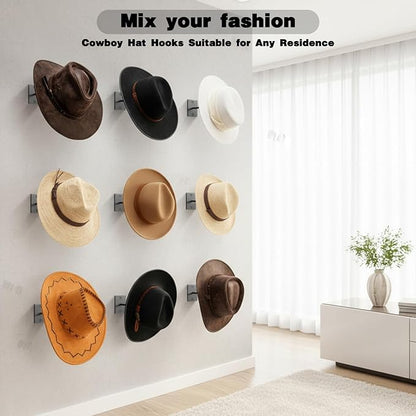 8 Pcs Cowboy Hat Rack for Wall, Black Metal Cowboy Hat Holder Reusable Wall-Mounted Metal Hats Hooks with Screws for Fedora, Cap, Wide Brim Hats for Home, Shop