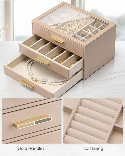 VLANDO Jewelry Box for Women, 3-Layer Jewelry Organizer with Drawers, Glass Lid Display Jewelry Storage, Soft PU Leather Exterior, Contrast Gold Metal Handles, Refined Style – Milky coffee color