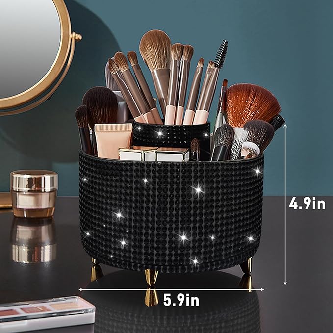 Diesisa Bling Diamond 360° Makeup Brush Holder Organizer, Rotating Makeup Brush Organizer,5 Slot Make up Brushes Cup for Cosmetics, Vanity Desktop Organizer, Gift for Women Teen Girls- Diamond Black