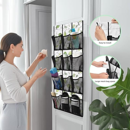 Green Leaves Hanging Shoe Organizer for Closet Door Storage Organizer 12-Pocket Mesh Bag Machine Washable Hanging Storage Bags Multi-purpose Door Rack for Bathroom Toiletries