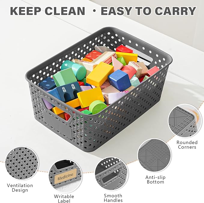 12 Pack Plastic Storage Baskets for Organizing, Storage Baskets for Shelves with Handles, Small Storage Bins with Labels, Organizer Baskets for Cabinet,Closet, Office,Gray