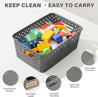12 Pack Plastic Storage Baskets for Organizing, Storage Baskets for Shelves with Handles, Small Storage Bins with Labels, Organizer Baskets for Cabinet,Closet, Office,Gray