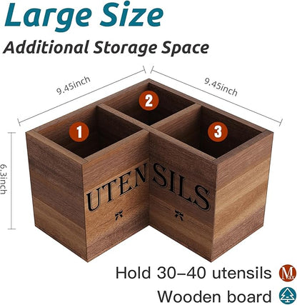 Suli Extra Large Kitchen Utensils Holder with 3 Compartments,Corner Utensil Caddy for Countertop,Acacia Wood Utensil Organizer for Kitchen Countertop, Farmhouse Decor-Acacia Brown