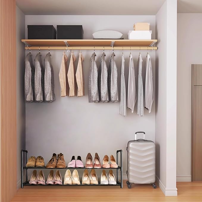 Shoe Rack - Metal Shoe Rack Organizer - Stackable Shoe Storage Shelf for Entryway, Closet, Bathroom 30cm(D) x 92cm(W) x 55cm(H) -Black (2-Tier)