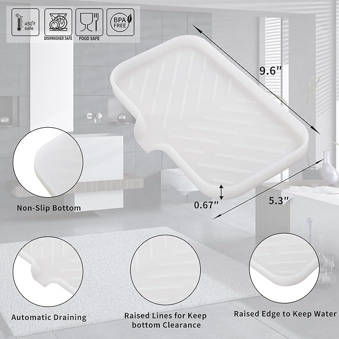 MicoYang Silicone Bathroom Soap Dishes with Drain Spout-Bathroom and Kitchen Sink Organizer,Sponge Holder,Dish Soap Tray,Perfect for Dispenser,Scrubber,Bottle,Cup on Counter Translucent 9.6"×5.3"