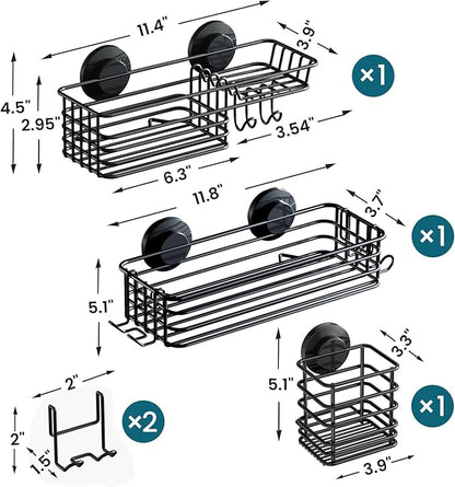 TAILI Shower Caddy Suction Cup, 3 Pack Shelves for Inside with Hooks & Soap Holder Toothbrush Cups, Removable Bathroom Organizer, Rustproof Black Shelves