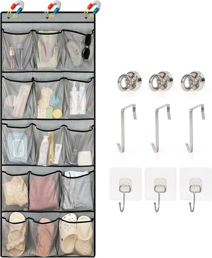 Over The Door Cruise Ship Organizer - Cruise Ship Magnetic Door Organizer with 15 Size-Graded Pockets, Hanging Magnetic Cruise Storage Shoe Rack for Cabin, 2025 Cruise Essential, 9 Hooks(Grey)