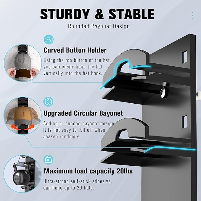 Hat Hook for Wall, 2 Pack Hat Organizer Hold up to 20 Hats, Hat Rack for Wall with Strong Adhesive, Hat Rack for Door Closet, Multi-Tier Hat Organizer, Two Mounting Options (Black)