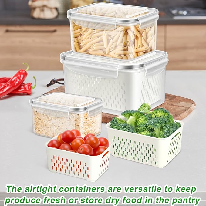 TBMAXS 5 Pack Fruit Storage Containers for Fridge Food Container with Colander Airtight BPA Free Plastic Berry Keeper Produce Vegetable Saver Bins Keep Fresh